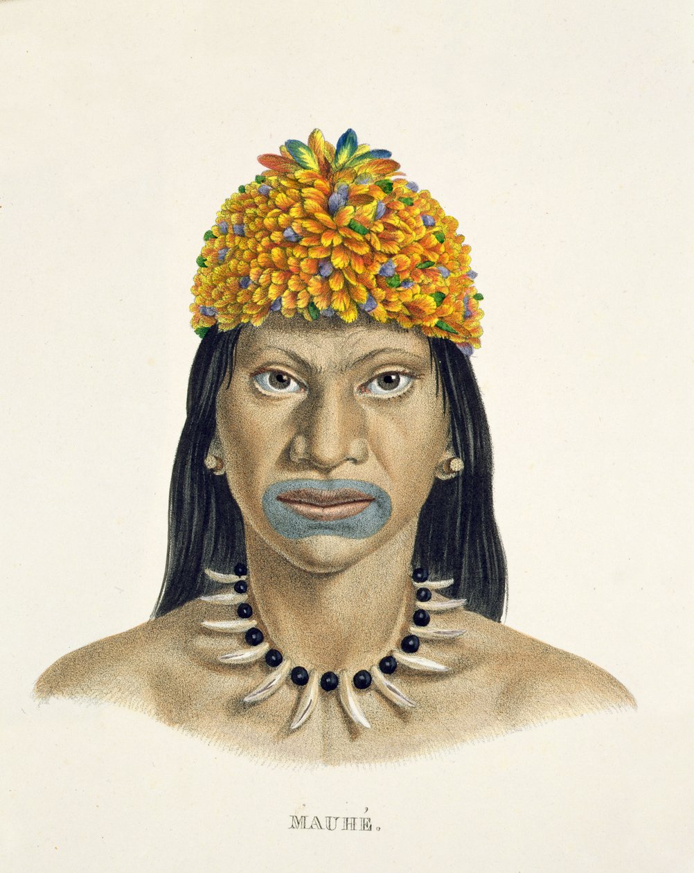 Mauhe部落的土着男子，头上有蓝色和橙色的小羽毛，来自巴西之旅的Atlas of Johann Baptist von Spix（1781-1826）和Karl Friedrich Philipp Martius（1794-1868） 作者 德国学校
