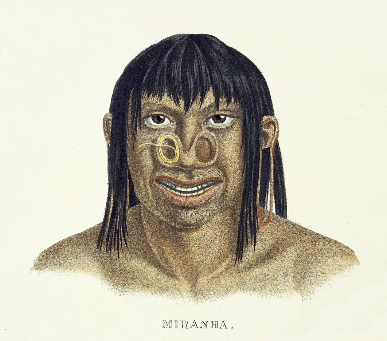 Miranha部落的原住民，带有鼻子装饰，来自巴西之旅的Atlas of a Journey in Johann Baptist von Spix（1781-1826）和Karl Friedrich Philipp Martius（1794-1868），出版于1835-50（col 作者 德国学校