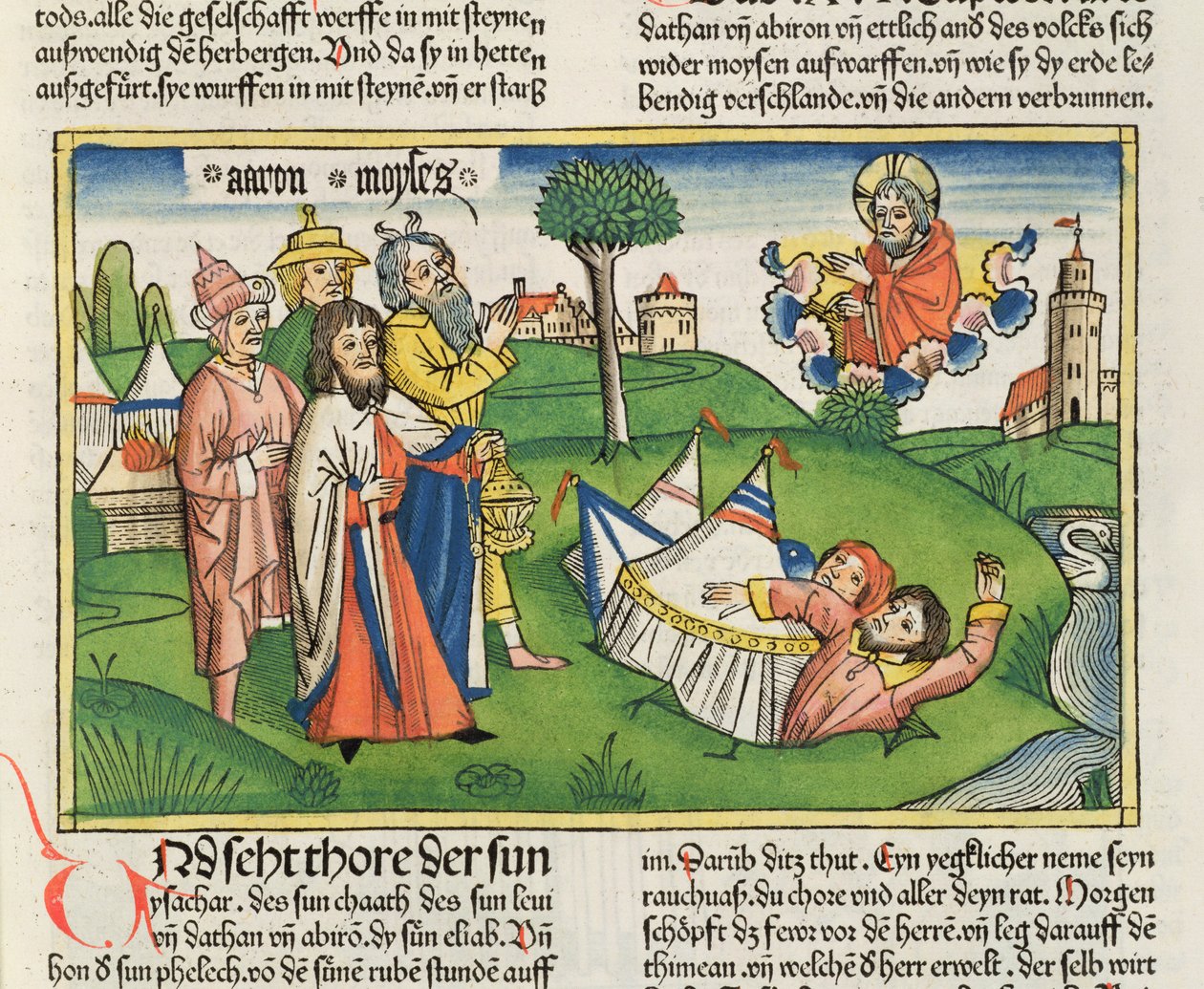 数字16 32地球吞下反叛者大坍和亚比兰，来自纽伦堡圣经（Biblia Sacra Germanaica）（彩色木刻） 作者 德国学校