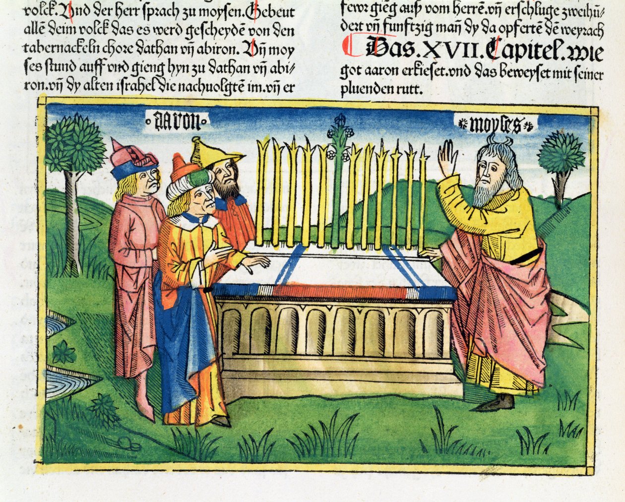 民数记17-11亚伦的圣经（Biblia Sacra Germanaica）（彩色木刻）祭坛上的亚伦人员在坛上绽放 作者 德国学校