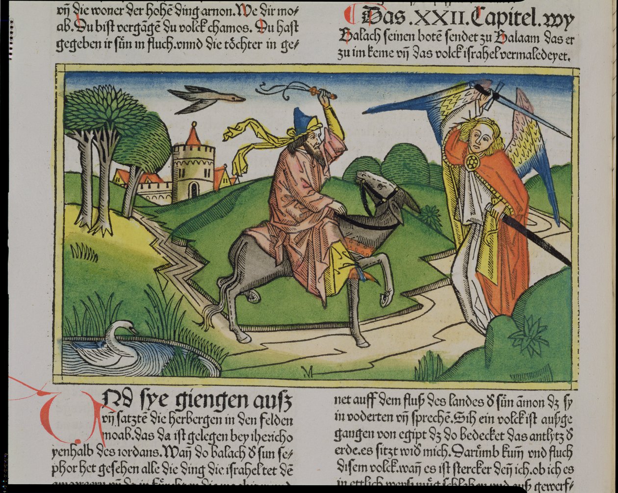 数字22 20-35 Balaams在纽伦堡圣经（Biblia Sacra Germanaica）谈论屁股（彩色木刻） 作者 德国学校