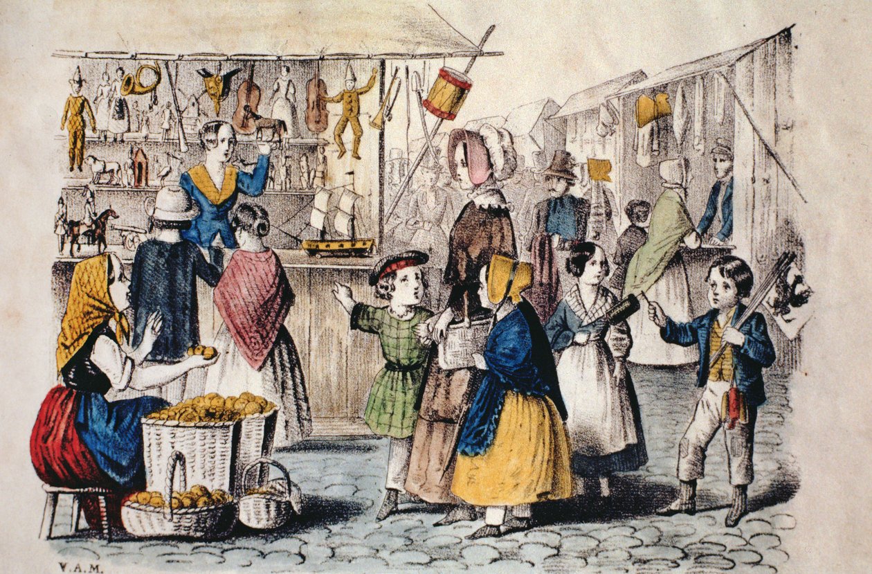 德国露天市场，c.1860（彩色雕刻） 作者 德国学校