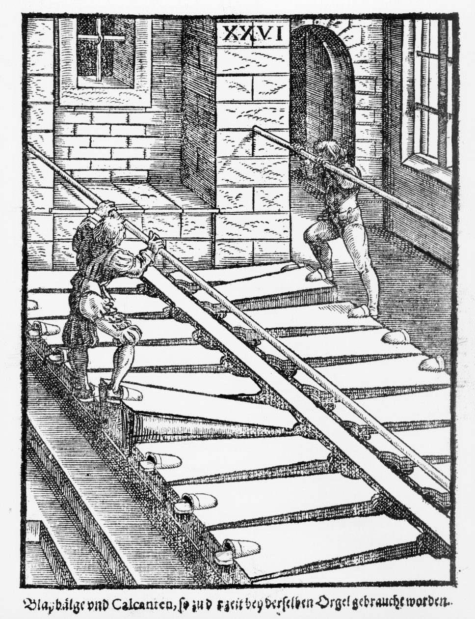 Halberstadt大教堂的器官波纹管和鼓风机，来自Praetorious Syntagma Musicum，酒吧。在1619年 作者 德国学校