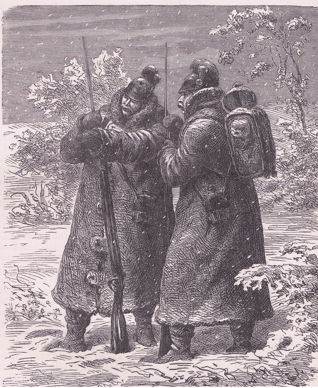 雪中的前哨，卡塞尔公司出版的卡塞尔法德战争史，约 1890 年（石版印刷） 作者 德国学校