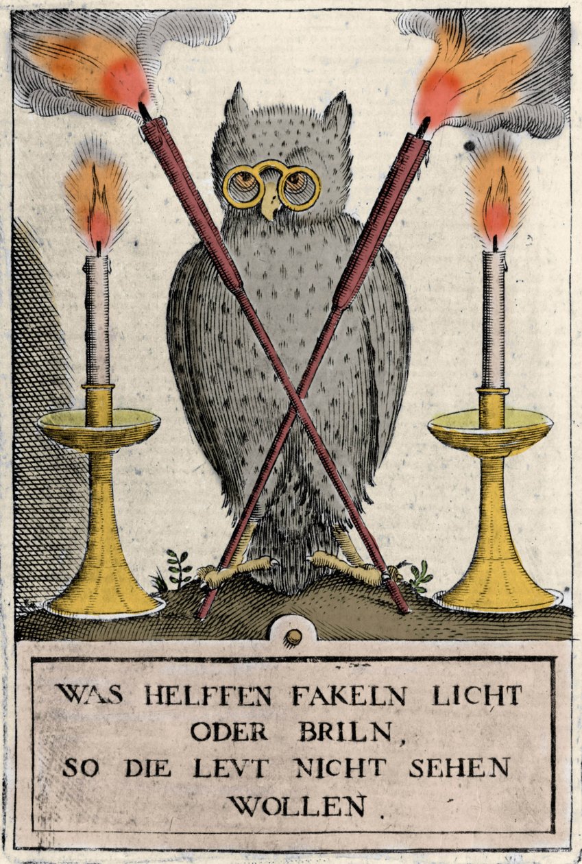 戴眼镜的猫头鹰，智慧的象征。 雕刻“Amphitheatrum sapientiae aeternae”。 （永恒智慧圆形剧场）（汉堡：n.n. 作者 德国学校