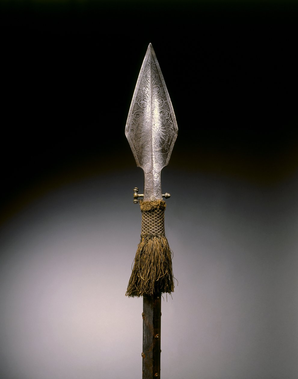 游行矛，奥格斯堡，约1570-1600年（钢，黄铜，木材和皮革，配以羊毛流苏） 作者 德国学校