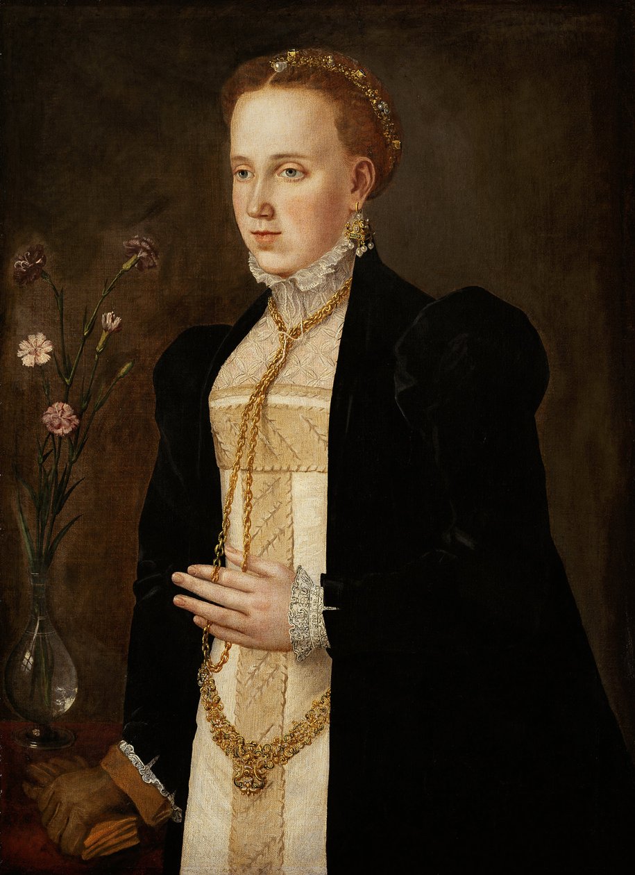 Philippine Welser (epouse de Ferdinand II de Tyrol ou de Habsbourg) - Portrait of Philippine Welser (1527-1580), by South German master (16th century). Oil on canvas, ca 1557. Art History Museum, Vienne 作者 德国学校