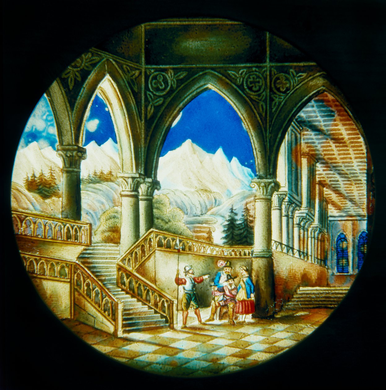 手工绘制的盘子，为德国制造的魔灯，描绘了宫殿和风景的内部景观，19 世纪上半叶 作者 德国学校