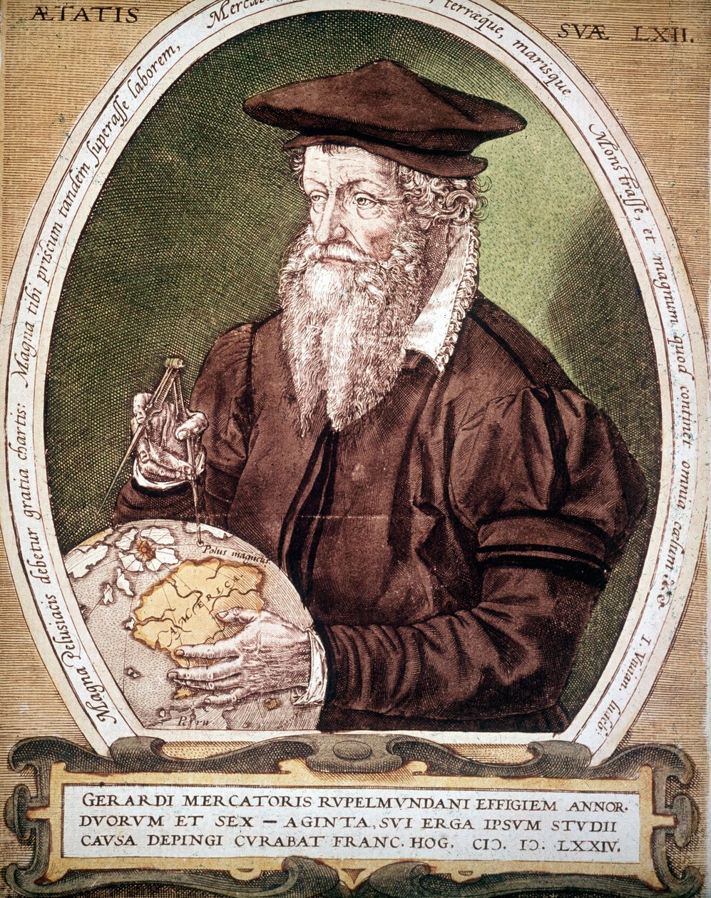 格哈德·克雷默 (Gerhard Kremer) 的肖像，来自 Gerardus Mercator (1512-1594)。 图集第一版的虚假标题。 作者 德国学校