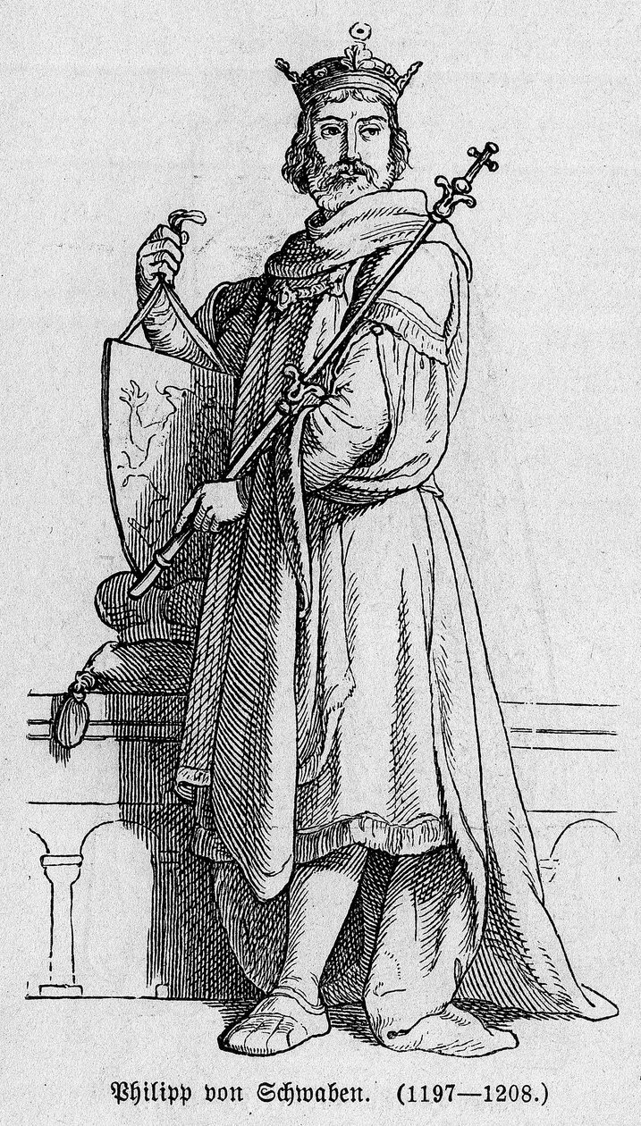 斯瓦比亚的菲利普一世（Philip I of Swabia）和霍恩斯托芬的菲利普（Philip of Hohenstaufen）（1176-1208）的肖像，德国皇帝，罗马人的国王和意大利的国王。理查德-罗斯的 "Kaiser, Konig und Papft "中的雕版画 作者 德国学校