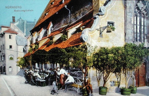 描述纽伦堡Bratwurstglocklein餐厅的明信片，1914年前（彩色照片）。 作者 德国学校