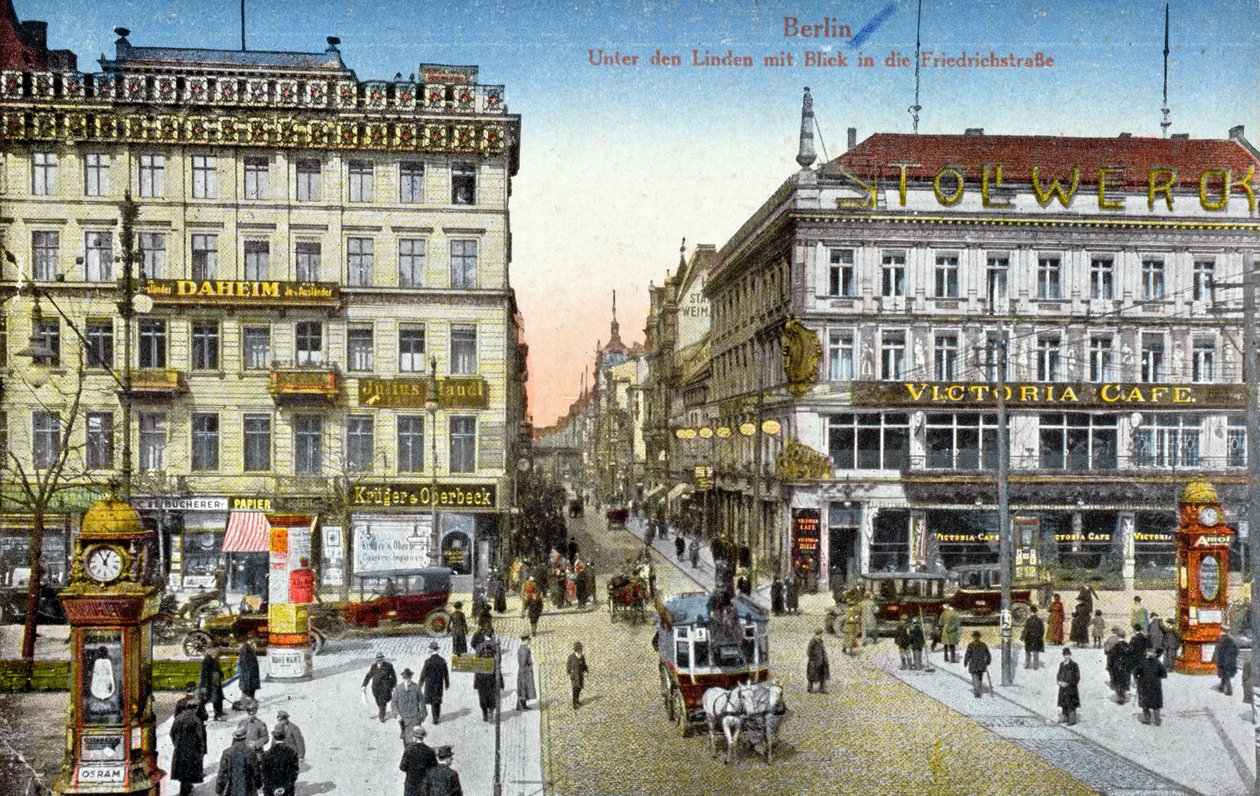 明信片描绘柏林的Unter den Linden和Friedrichstrasse，c.1910（彩色照片） 作者 德国学校