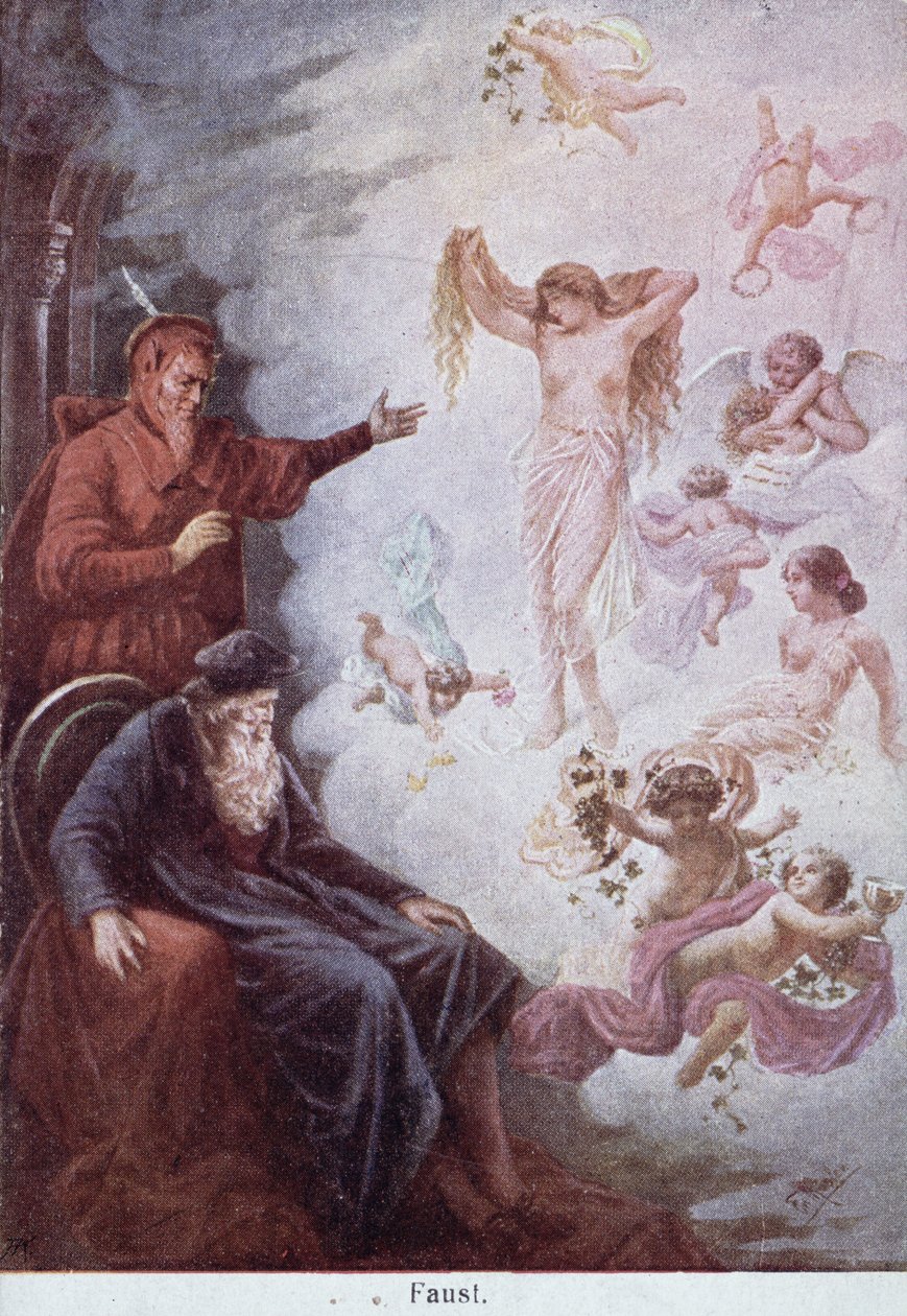 明信片描绘了梅菲斯特的浮士德的诱惑，c.1905 作者 德国学校