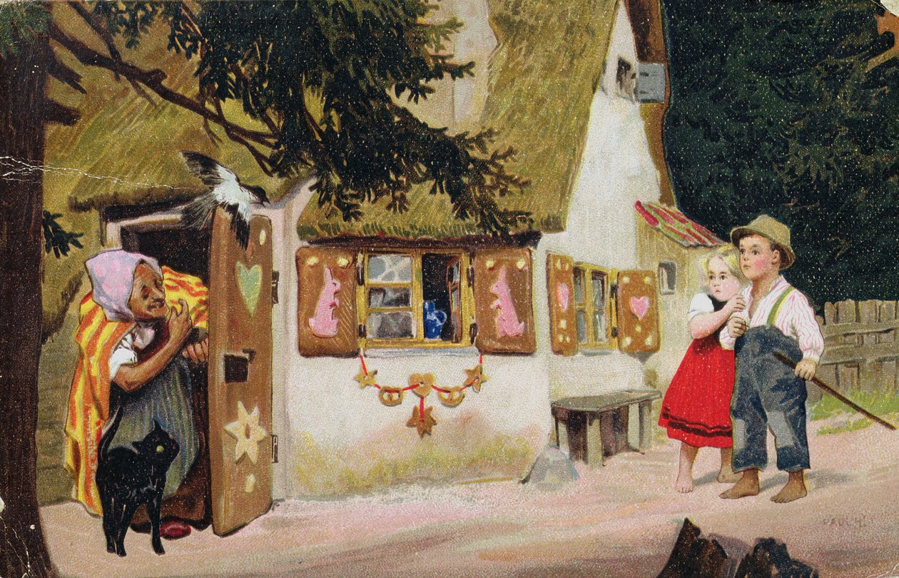 明信片描绘女巫邀请汉塞尔和格莱特进入姜饼屋，c.1910 作者 德国学校