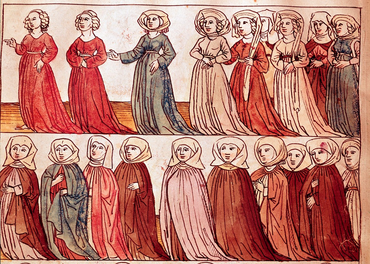 波西米亚妇女游行。 Ulrich Richental (1360-1437) 1438 年《康斯坦茨议会编年史》的缩影，约布拉格，国家图书馆 作者 德国学校