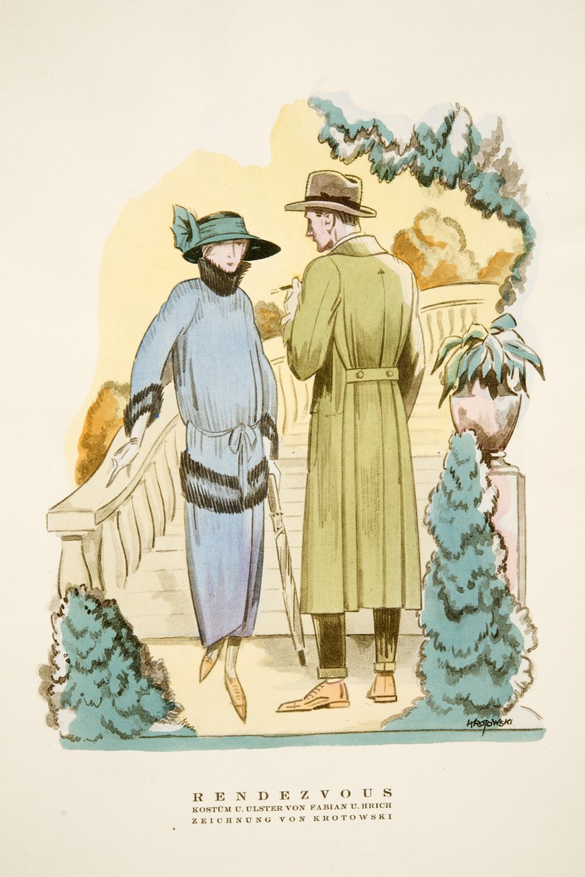 Rendezvous, outfit and "Ulster" overcoat by Fabian & Hrich from Styl, pub.1922 (pochoir print) 作者 德国学校