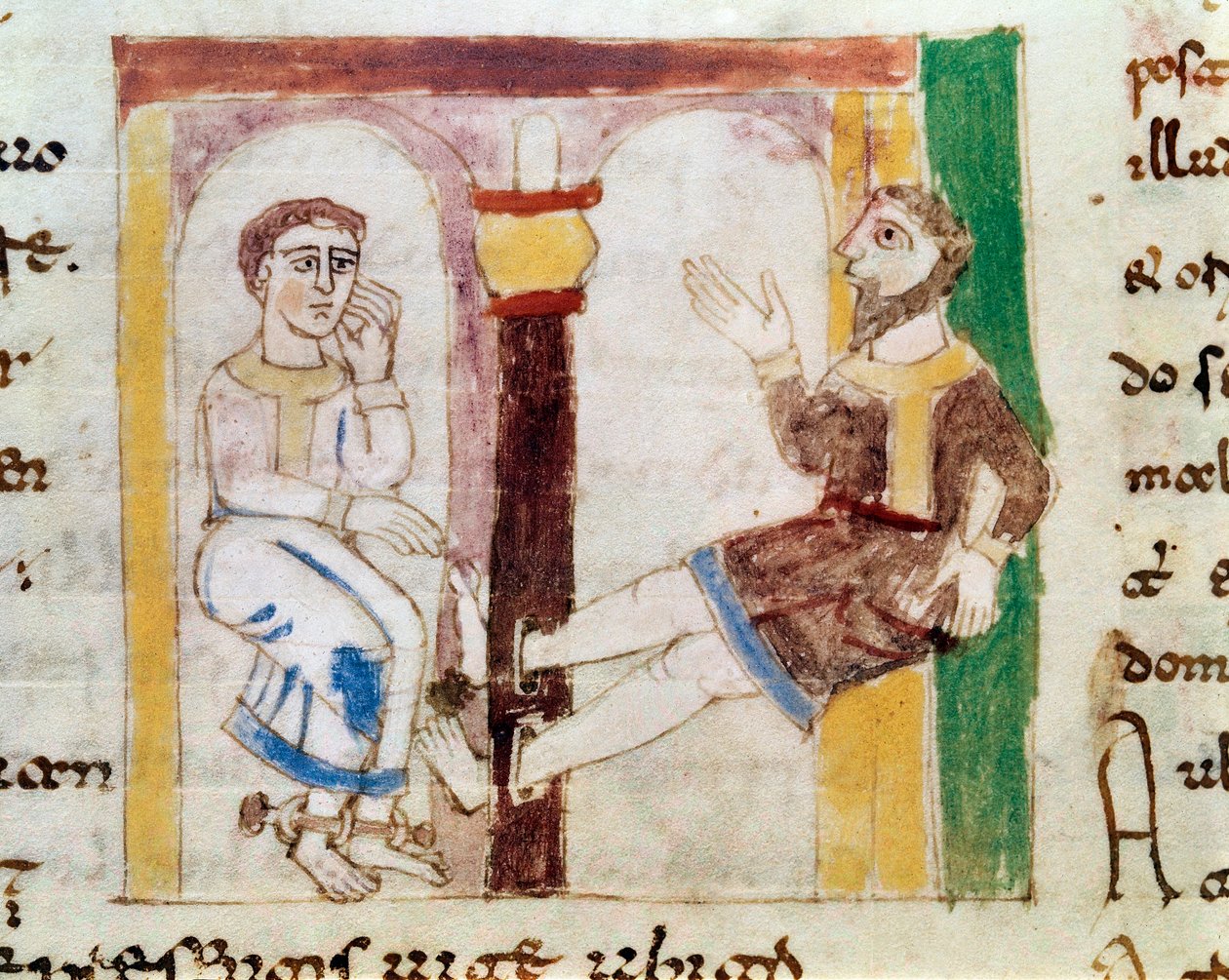Representation of two detenuses in a prison, one of which is attached to a Miniature pillory from the manuscript “” De Universo”” (or De rerum naturis (De la Nature des choses) (cod. 132) by Rabanus Maurus Magnentius (or Raban Maur or Rabano Mauro) (ca. 78 作者 德国学校