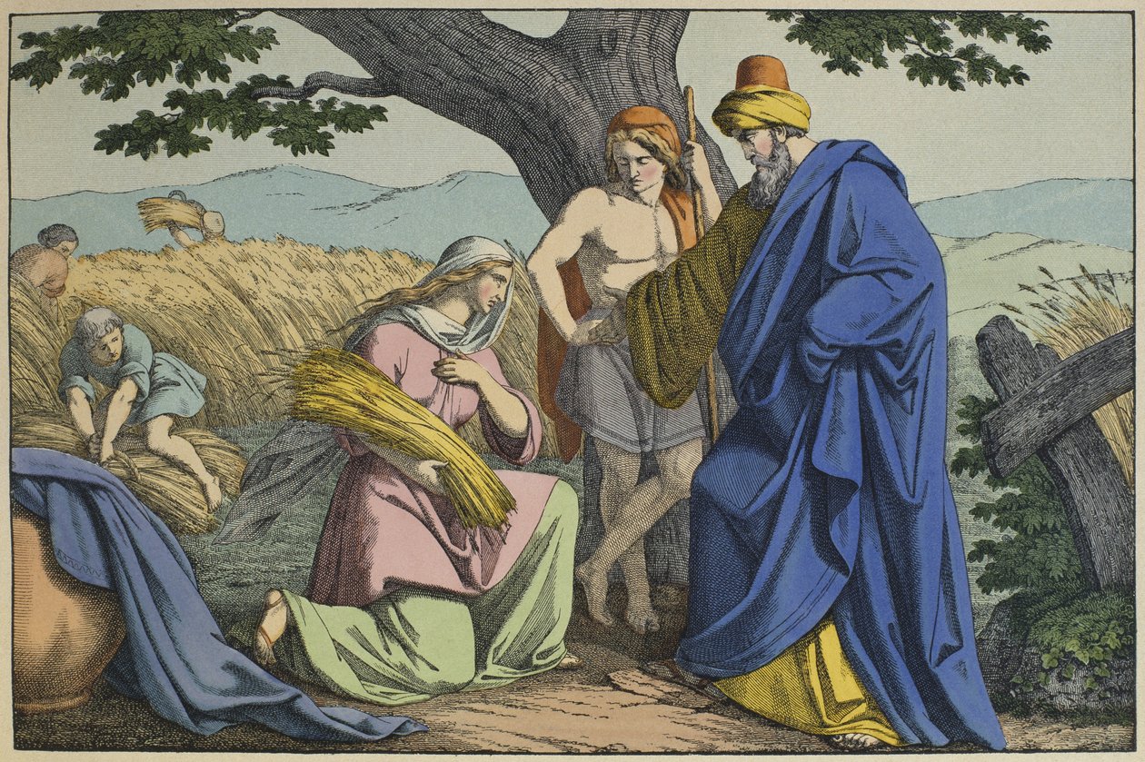 Ruth和Boaz，来自LAncien Testament的插图，由Jakob Ferdinand Schreiber，Esslingen（彩色雕刻）出版 作者 德国学校