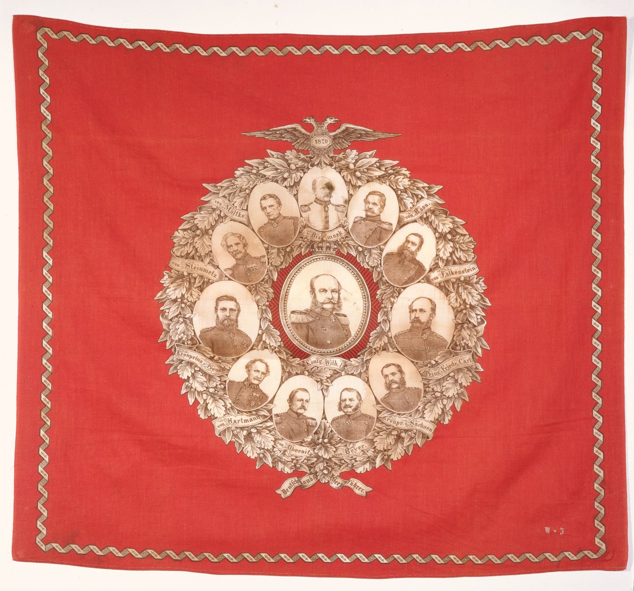 围巾描绘德国皇帝，威廉一世（1797-1888）被俾斯麦和胜利的元帅包围，以庆祝1870年的法国 - 普鲁士战争（丝绸） 作者 德国学校