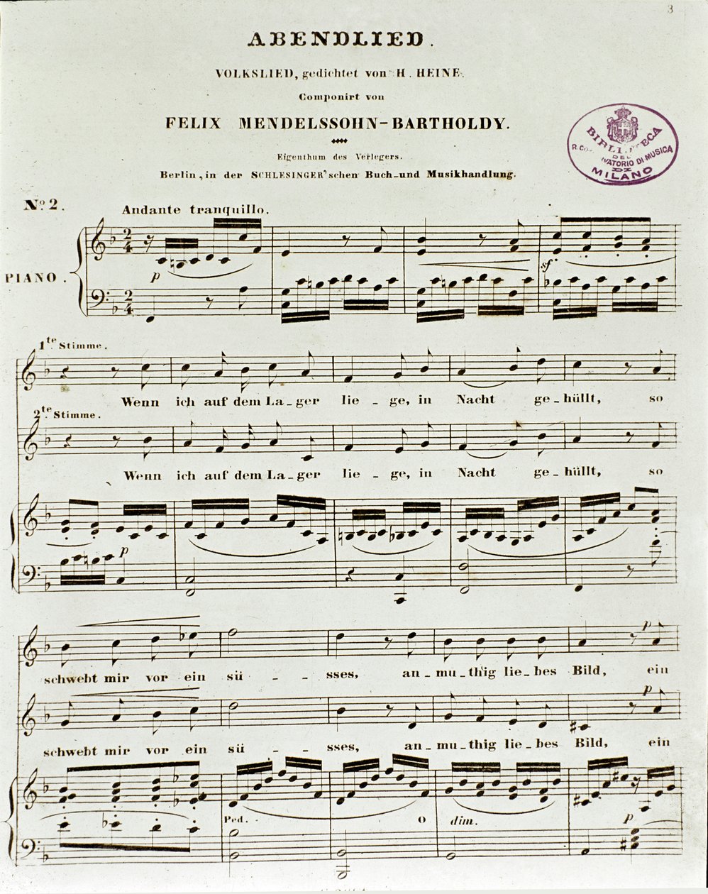 Felix Mendelssohn的晚间歌曲评分页面 作者 德国学校