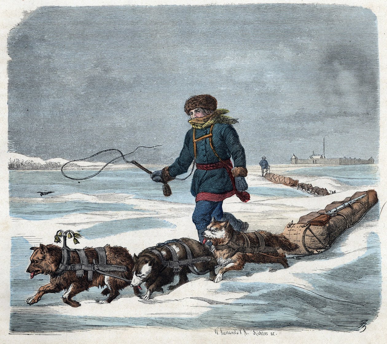美国雪地上的雪橇犬。在 "Wenn Jemand eine Reise thut, so kann er was erzahlen"（当有人旅行时，这是他能告诉的），德国故事，作者Franz Wiedemann 作者 德国学校