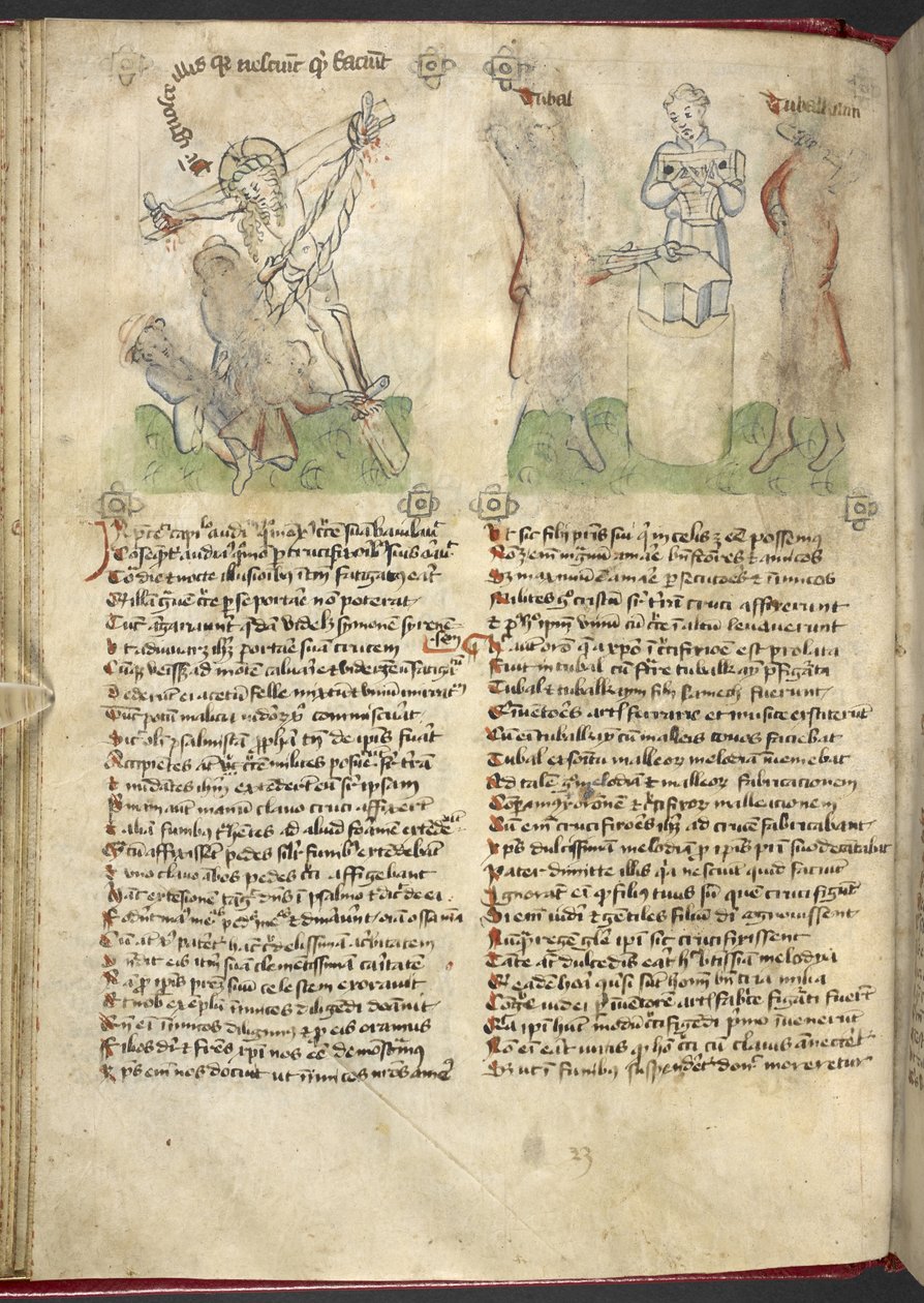 Sloane 361，f.25v 十字架的升起；朱巴尔和图巴尔-凯恩，选自 "Speculum Humanae Salvation"（牛皮纸上的墨水和色彩） 作者 德国学校