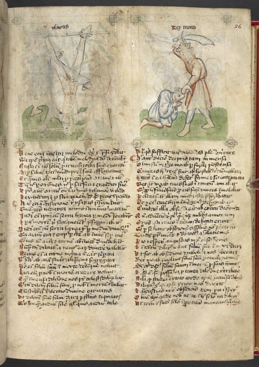 Sloane 361，f.26 以赛亚的殉难；摩押王献祭他的儿子，选自 "Speculum Humanae Salvation"（牛皮纸上的墨水和色彩） 作者 德国学校