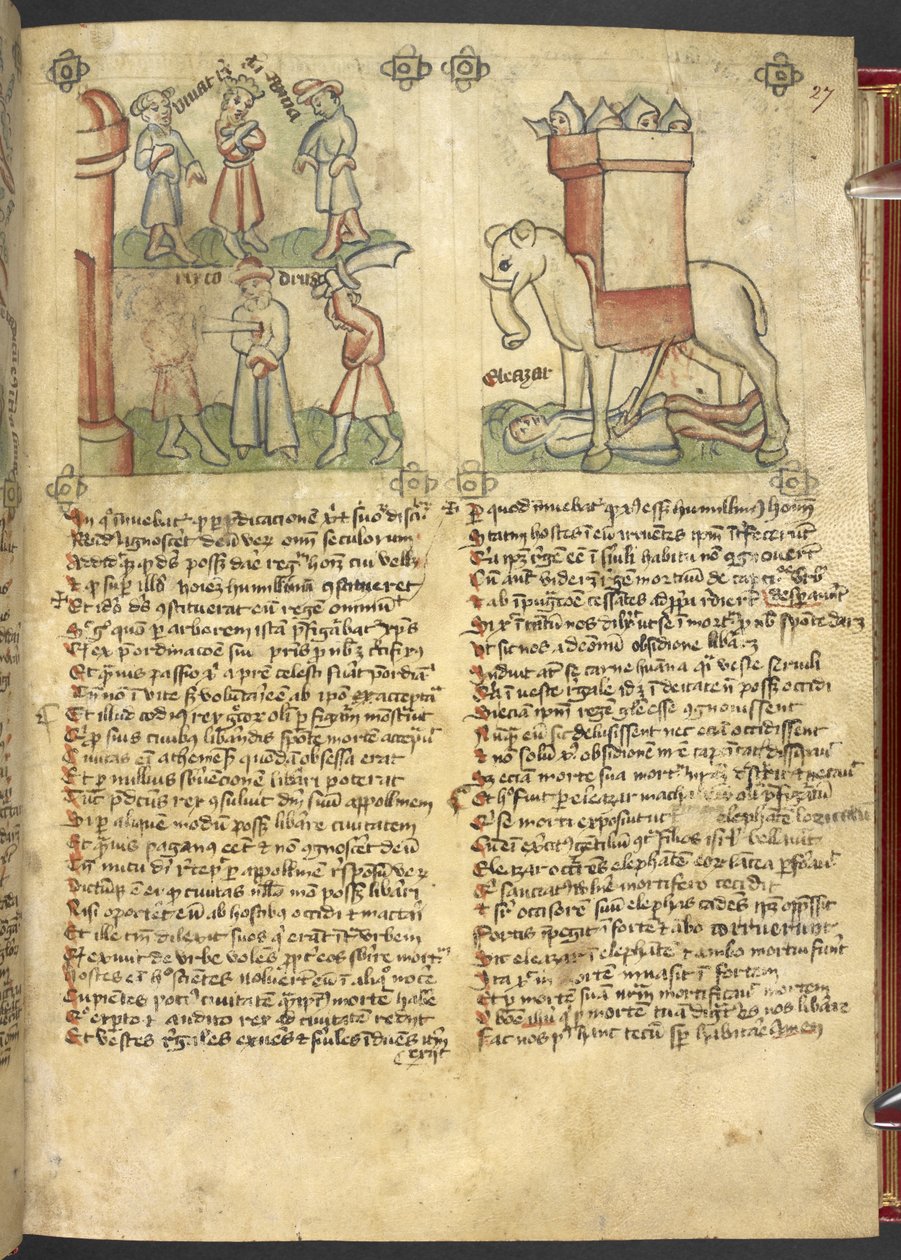 Sloane 361，f.27 科德鲁斯国王为他的人民自首，埃莱亚萨-马卡比刺死大象并被大象压死，选自 "Speculum Humanae Salvation"（牛皮纸上的墨水和彩色）。 作者 德国学校