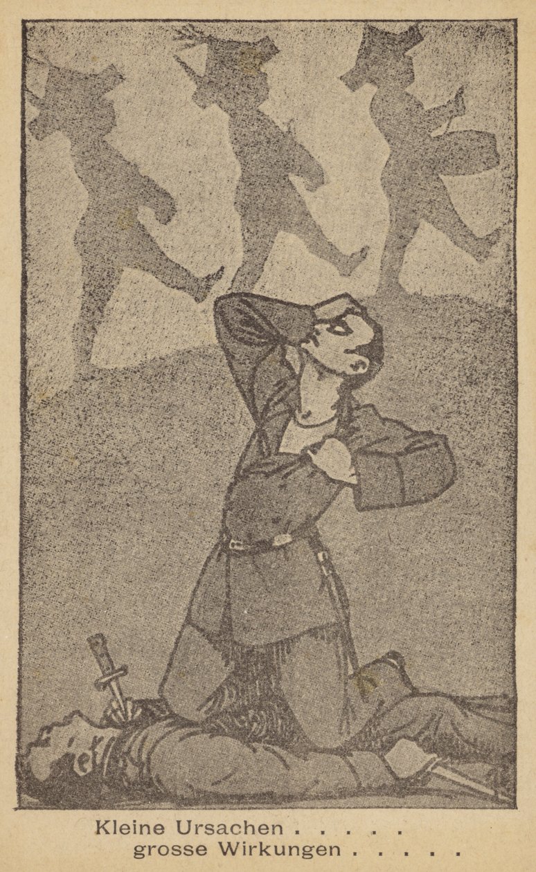 小原因大影响。德国反战插图，由国际妇女争取和平与自由联盟（WILPF）发行，1920 年代末（平版）。 作者 德国学校
