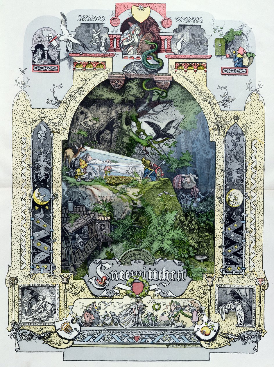 在她的玻璃箱柜的白雪公主，从Muenchener Bilderbogen的例证，c.1880 作者 德国学校