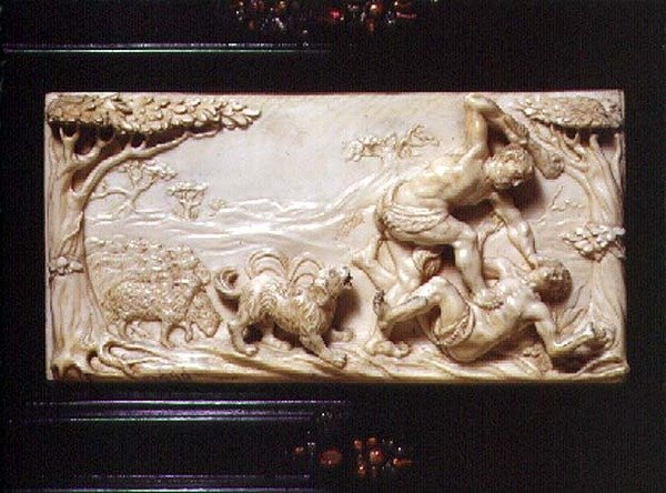 南德意志艺术博物馆（Kunstcabinet），刻有该隐和亚伯的匾额细节，1690年 作者 德国学校