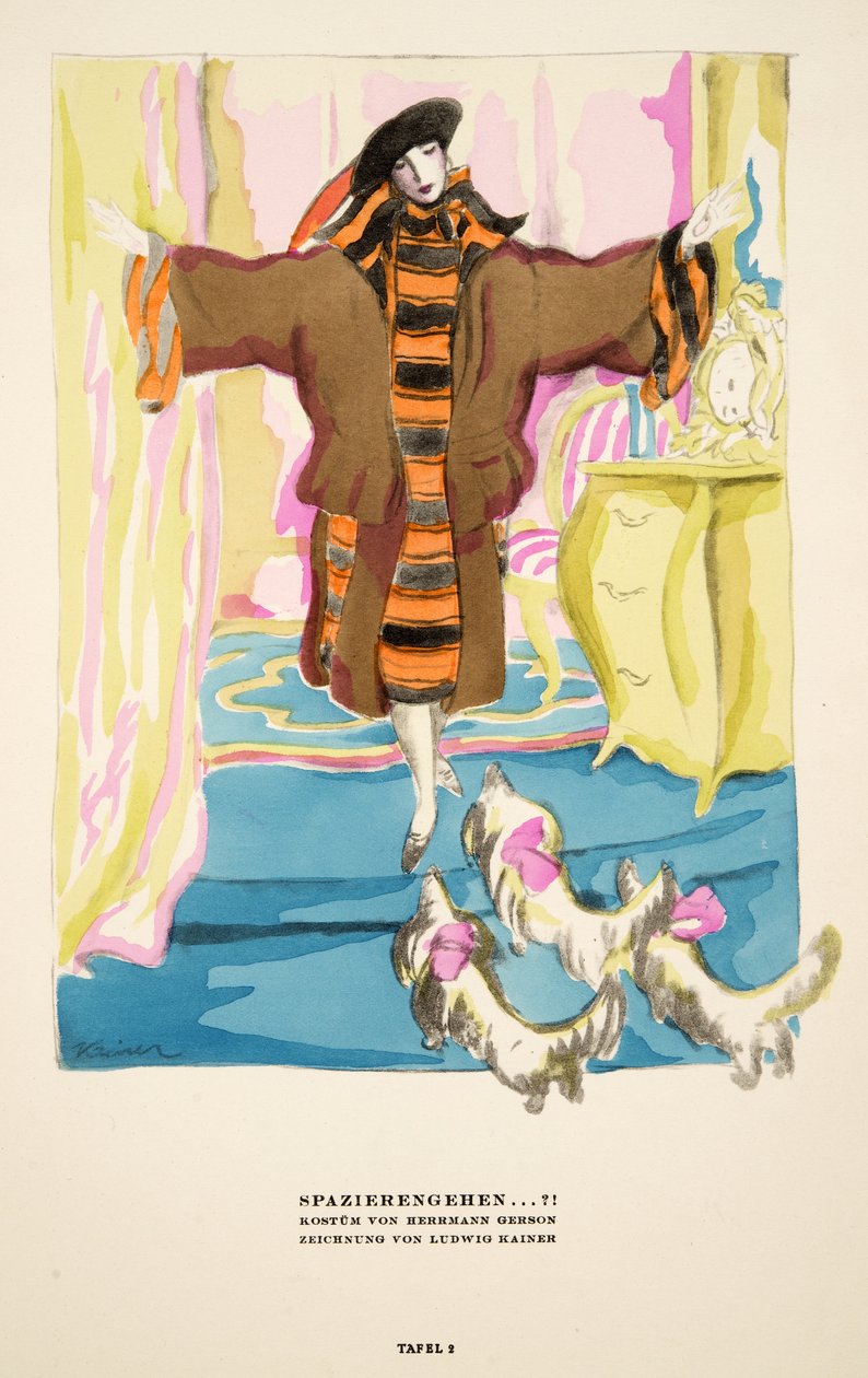 "Spazierengehen !"，赫尔曼-格尔森的服装广告，选自《风格》，1922 年出版（pochoir 印刷品） 作者 德国学校