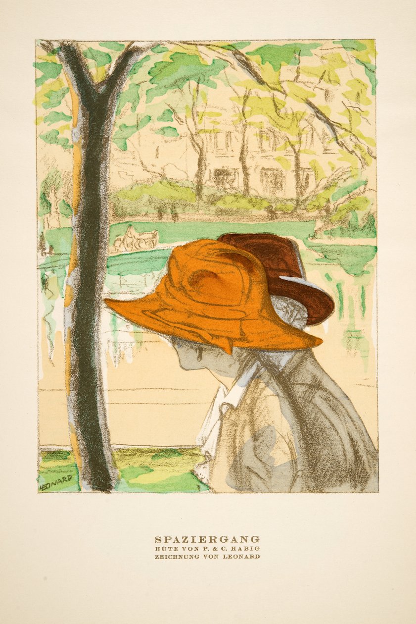 "Spaziergang"，P  C Habig 的帽子广告，摘自《风格》，1922 年出版（pochoir 印刷品） 作者 德国学校