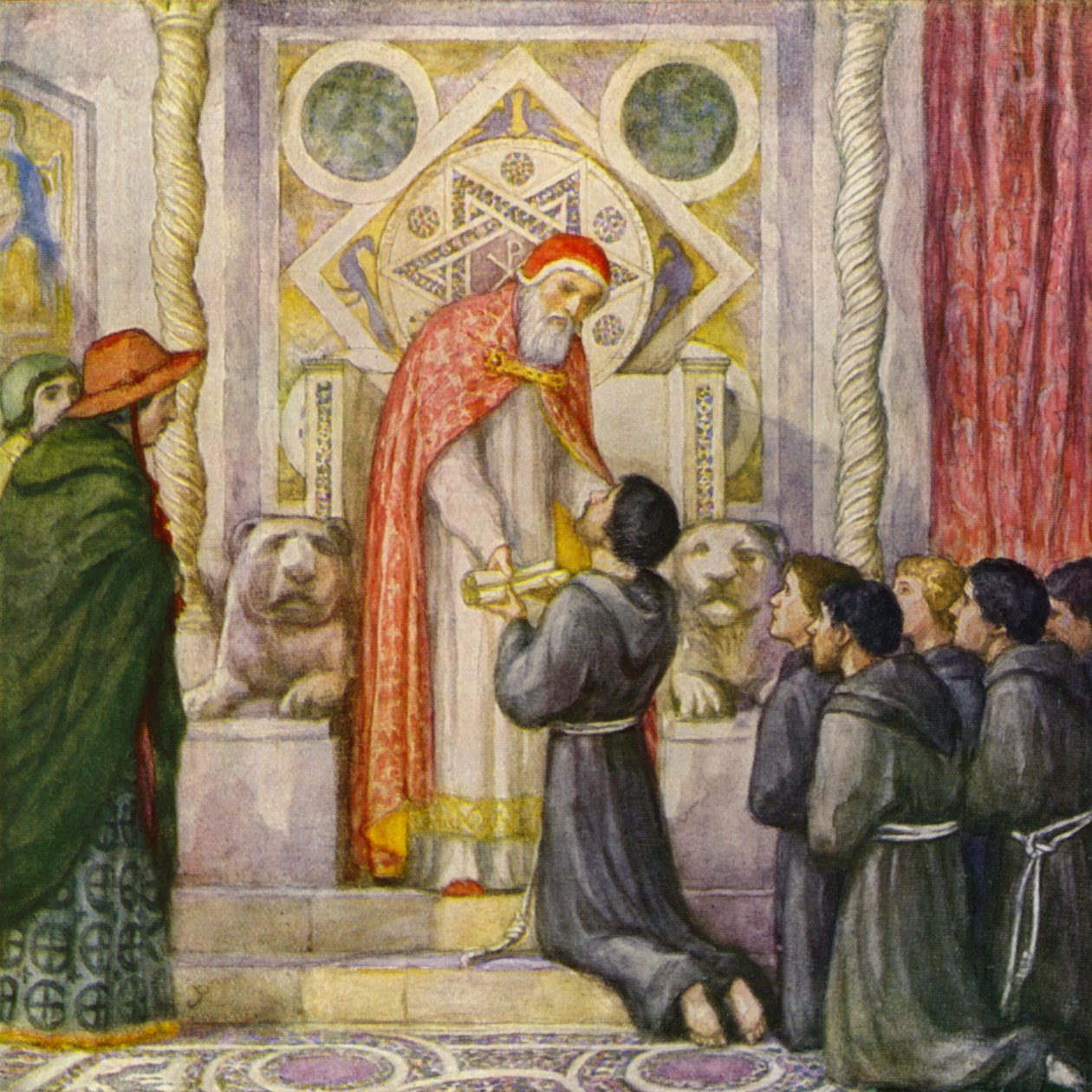 教皇英诺森三世接见圣方济各（彩色石版画） 作者 德国学校