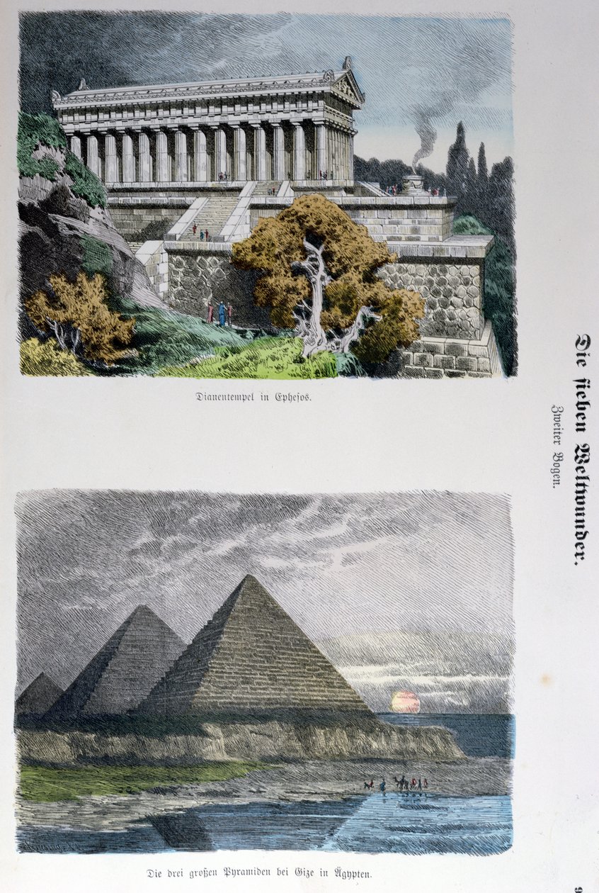 以弗所的戴安娜神庙和吉萨的金字塔，1886年在Munchener Bilderbogen出版的一系列世界七大奇迹（彩色版画） 作者 德国学校