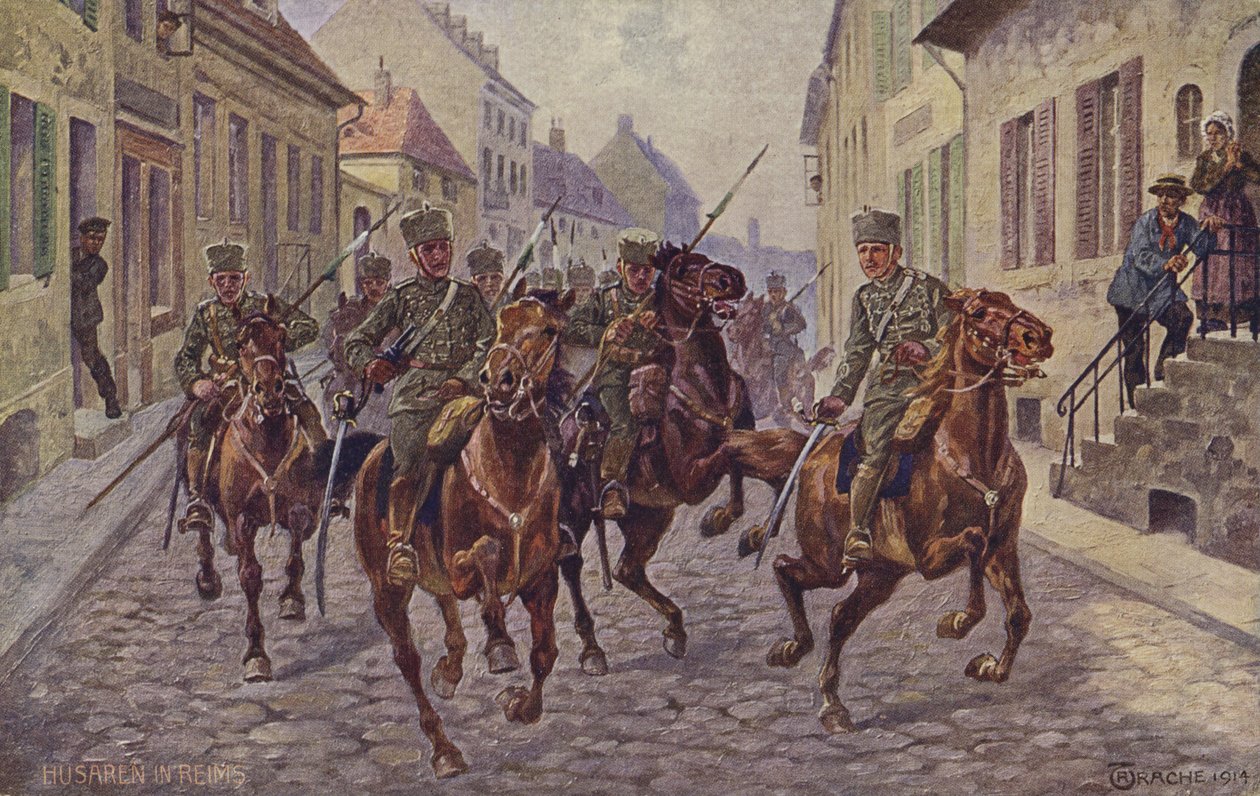 德国轻骑兵临时占领兰斯城，第一次世界大战，1914 年 9 月 9 日（彩色石版画） 作者 德国学校