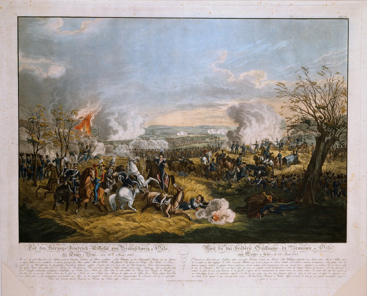 布伦瑞克弗雷德里克·威廉公爵之死（1771-1815） -  1815年6月16日在Quatre Bras战役中出版，由JL Rugendas出版，1815年（彩色aquatint） 作者 德国学校