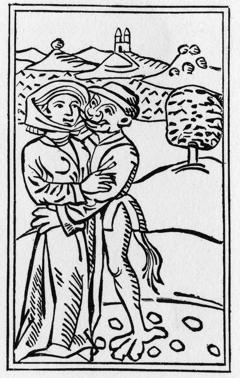 爱上女巫的魔鬼（魔鬼之吻）--1489年乌尔里希-莫里托的 "De lamiis et pythonicis mulieribus "中的雕版画" 作者 德国学校