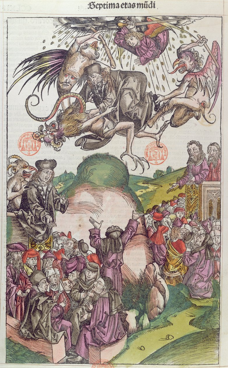 西蒙·马古斯的堕落，来自La Chronique de Nuremberg，Hartmann Schedel，纽伦堡，1492年（彩色木刻） 作者 德国学校