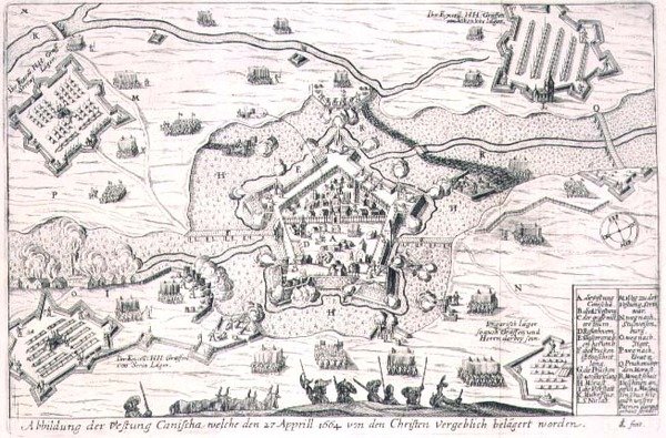 1664年被基督徒徒劳围困的卡尼沙要塞，来自一本关于奥斯曼帝国在欧洲的战役的书的插图，由保罗-弗斯特（约1605-66）雕刻（雕刻）。 作者 德国学校