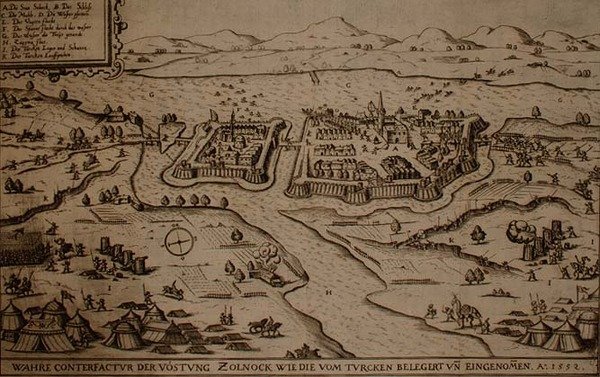 1552年土耳其人对佐尔诺克的围攻，来自一本关于奥斯曼帝国在欧洲的战役的书的插图，由保罗-弗斯特（约1605-66）雕刻（雕刻）。 作者 德国学校
