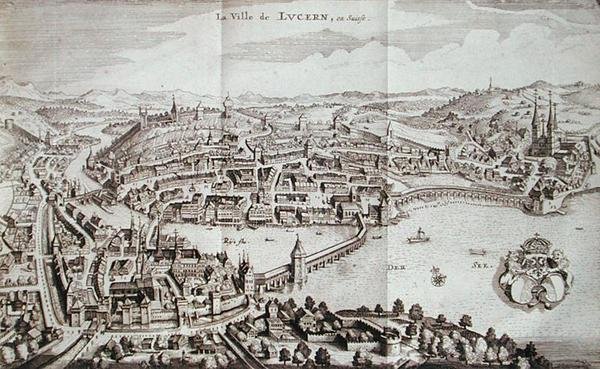 瑞士卢塞恩镇，出自约翰-雅各布-谢赫泽里的《阿尔卑斯山》，1706年出版（雕刻）。 作者 德国学校