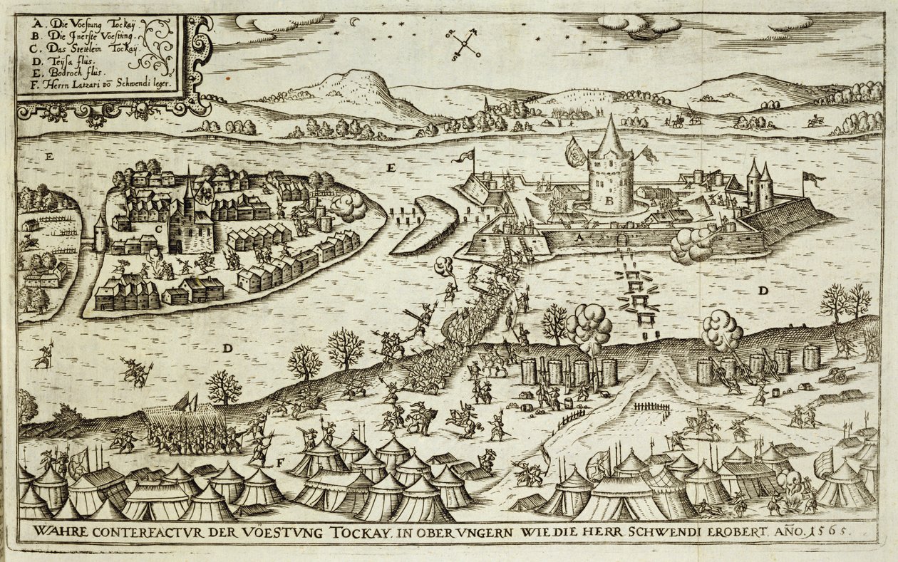1565年Herr Schwendi从土耳其人中恢复的Tokay镇，来自欧洲奥斯曼帝国运动的一本书，插图由Paul Furst（c.1605-66） 作者 德国学校