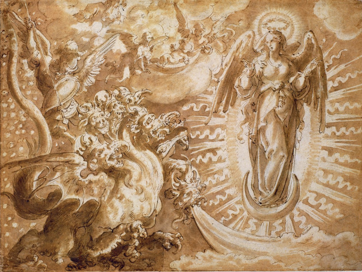 女人穿着太阳和七头龙，c.1600（笔和墨水用黑色粉笔洗） 作者 德国学校