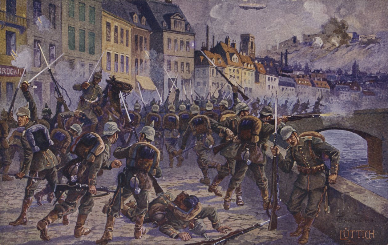 攻占比利时列日，第一次世界大战，1914 年 8 月 7 日（彩色石版画） 作者 德国学校