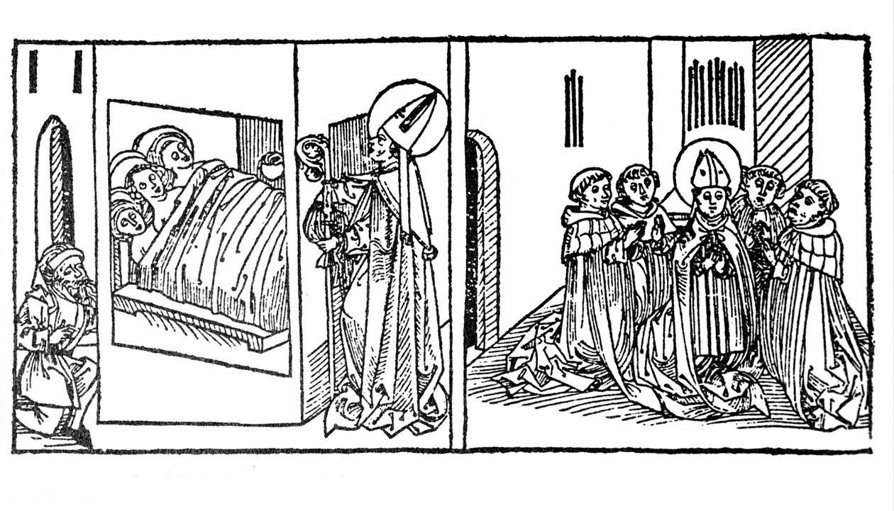 The life of Saint Nicholas awakened. Engraving from “Leben der Heiligen - sommerteil” (The book of the saint) by Jacobus (James) of Voragine (1228-1298). Lubeck 1488. 作者 德国学校