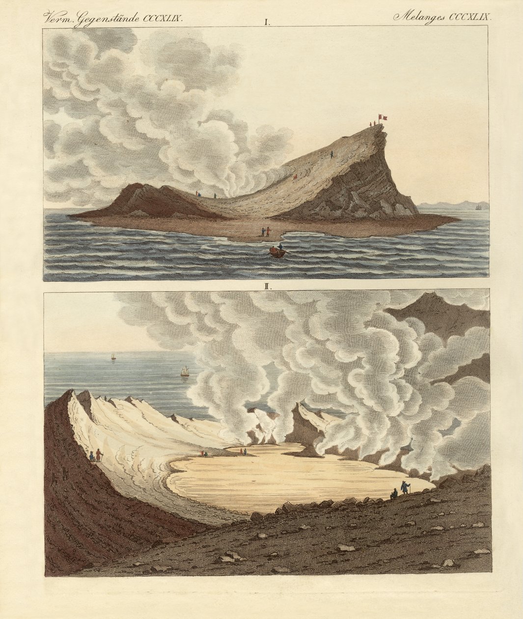 地中海上的新火山岛，两个月后（彩色雕刻）。 作者 德国学校