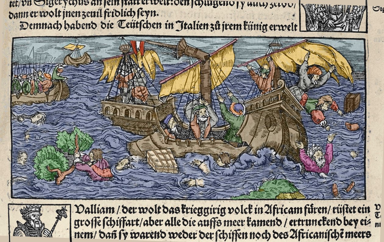 The shipwreck. Engraving from “” Den Edlen Strenghen Besten Fromen”” by Johann Stumpff. beginning 16th century. 作者 德国学校