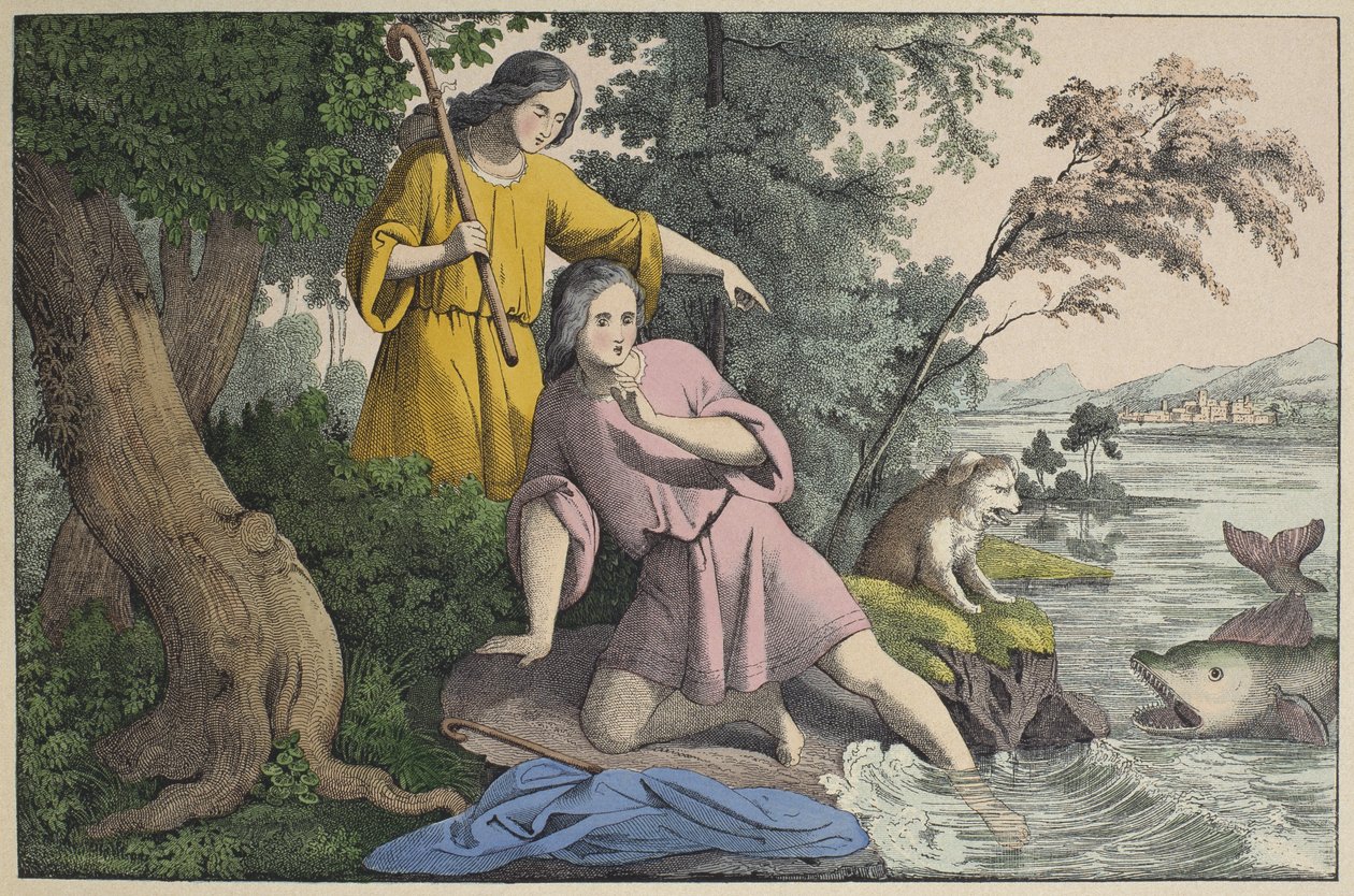 Tobias和Archangel Raphael，来自LAncien Testament的插图，由Jakob Ferdinand Schreiber，Esslingen（彩色雕刻）出版 作者 德国学校