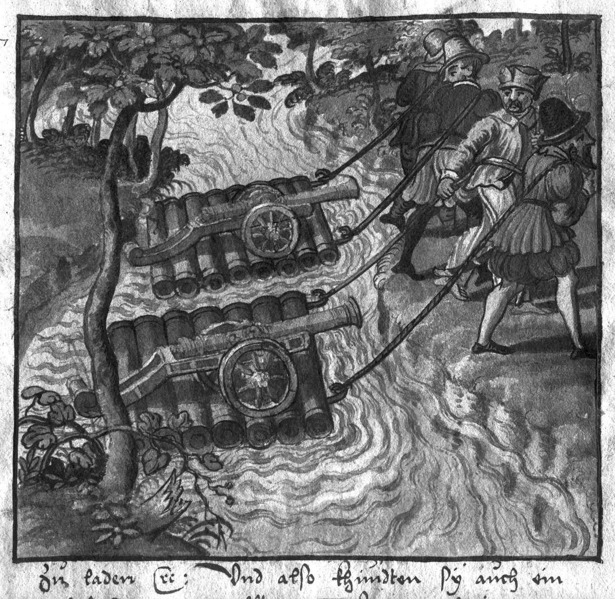 枪支和大炮的运输在筏子上穿越河流，插图来自Lart de lArtillerie，由Wolff de Senftenberg，16世纪晚期 作者 德国学校